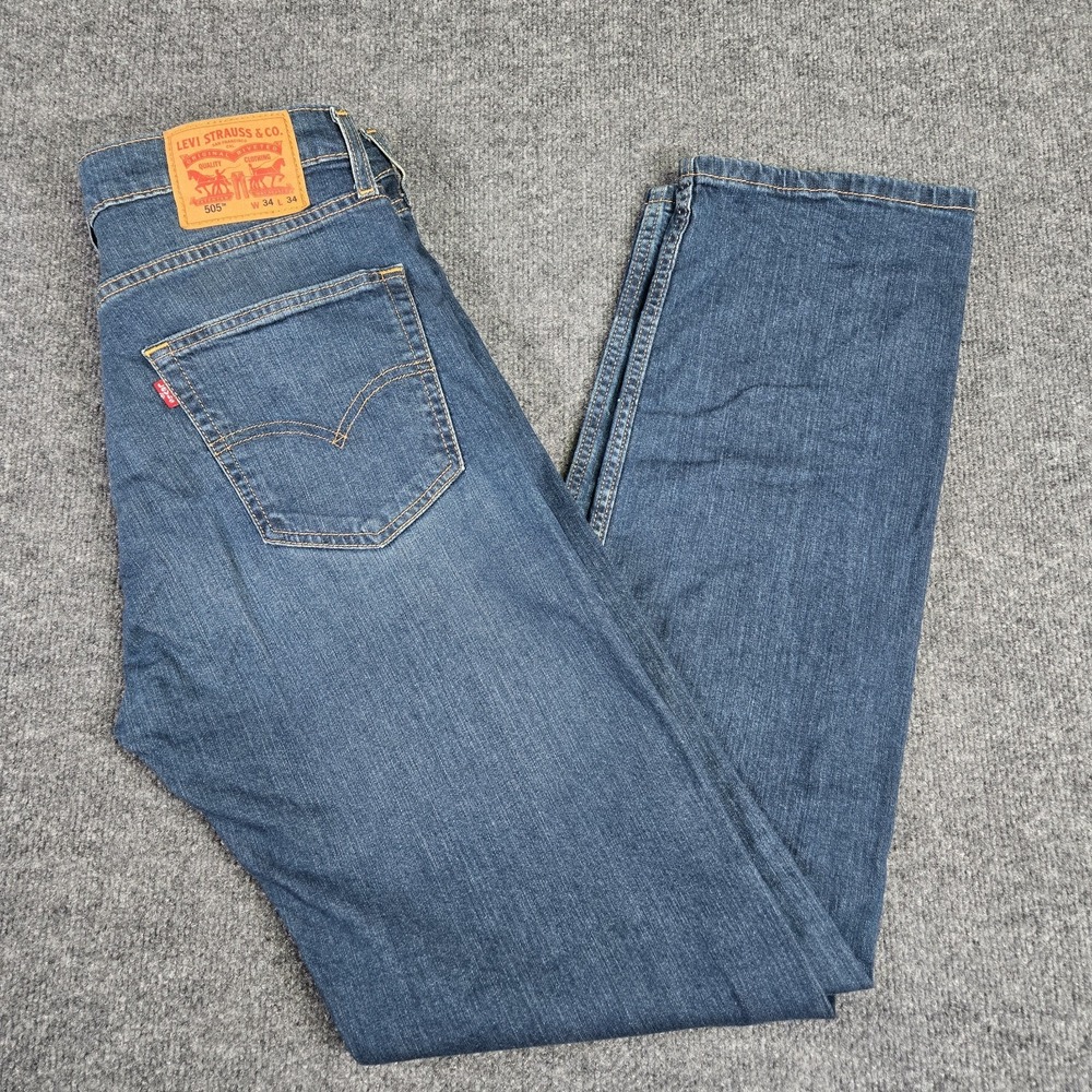 Levis 505 Blue Jeans Mens Size 34x34 Zip Fly Straight Leg Denim Medium Wash EUC
